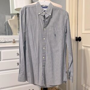 Nautica Searsucker Cotton Button Down Front Blue Striped Long Sleeve Mens Small